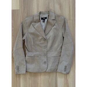 Alfani Women's Suede Leather Jacket Fitted Blazer Button‎ Front Beige Medium